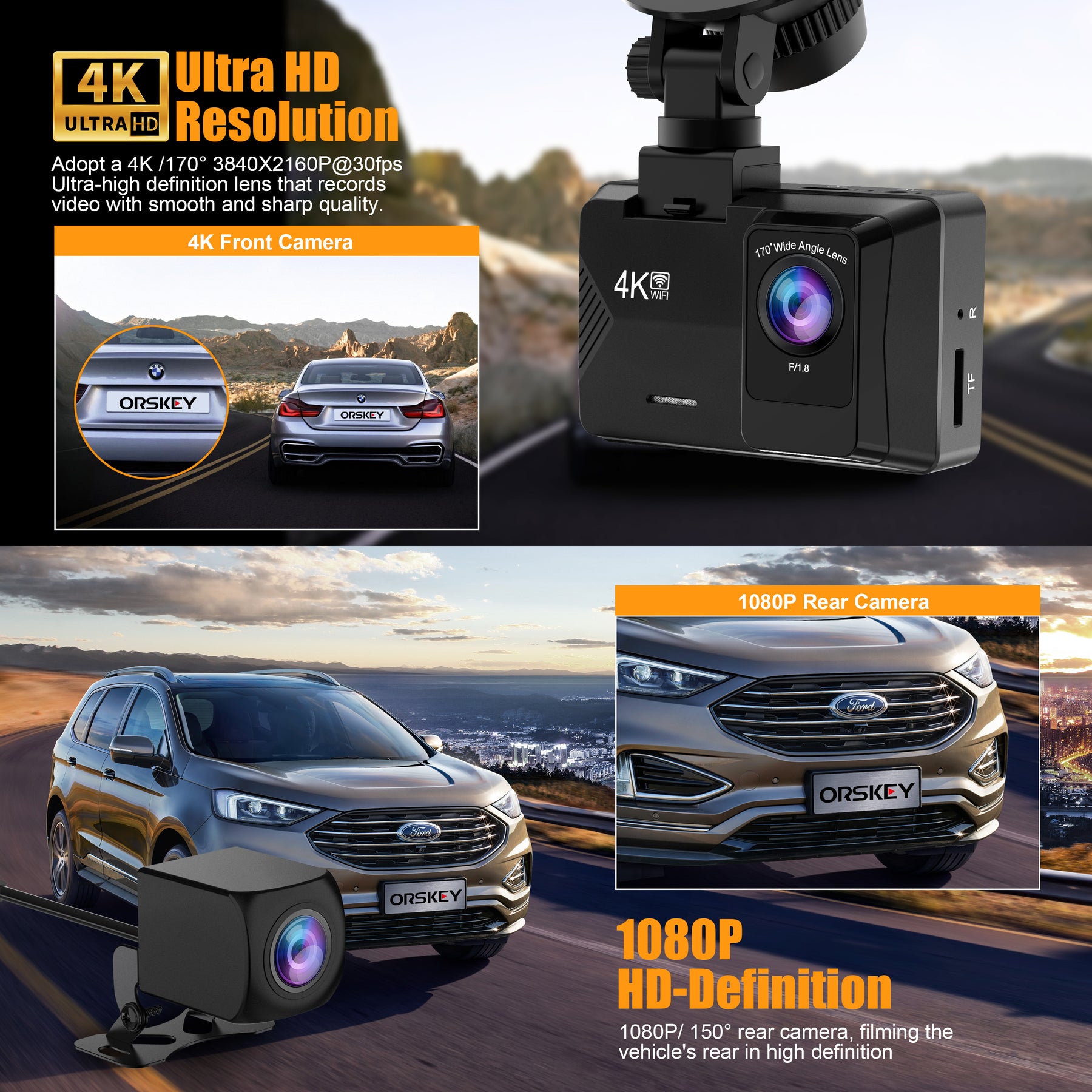 ORSKEY Dash Cam Front and Rear Built-in 5GHz WiFi, 4K+1080P Dual Dash Camera for Cars with 64GB SD Card, 2.0" Display Dashcam, 24H Parking Mode, App Control, Super Night Vision, Support Max 256GB