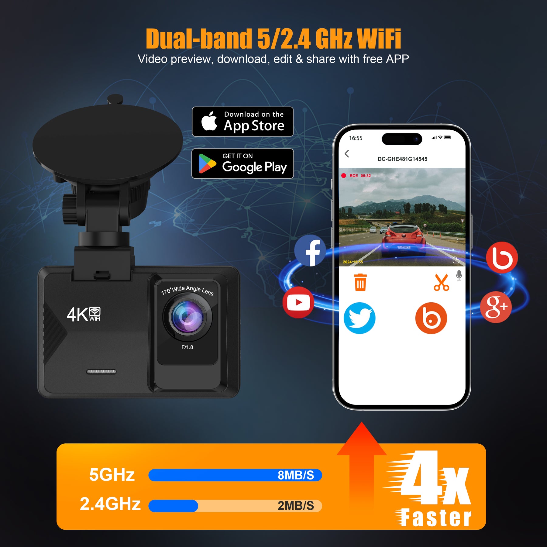 ORSKEY Dash Cam Front and Rear Built-in 5GHz WiFi, 4K+1080P Dual Dash Camera for Cars with 64GB SD Card, 2.0" Display Dashcam, 24H Parking Mode, App Control, Super Night Vision, Support Max 256GB