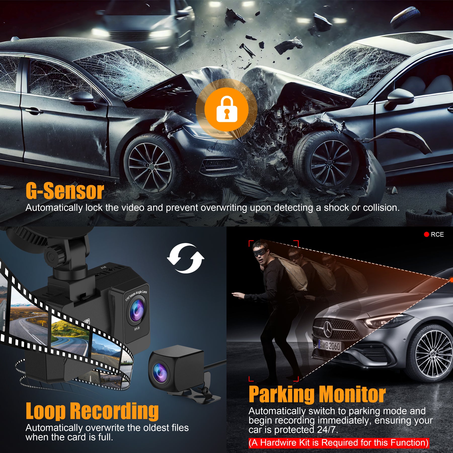 ORSKEY Dash Cam Front and Rear Built-in 5GHz WiFi, 4K+1080P Dual Dash Camera for Cars with 64GB SD Card, 2.0" Display Dashcam, 24H Parking Mode, App Control, Super Night Vision, Support Max 256GB