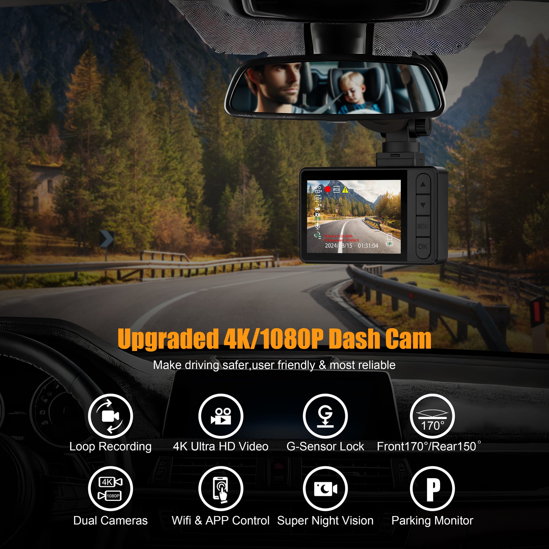 ORSKEY Dash Cam Front and Rear Built-in 5GHz WiFi, 4K+1080P Dual Dash Camera for Cars with 64GB SD Card, 2.0" Display Dashcam, 24H Parking Mode, App Control, Super Night Vision, Support Max 256GB