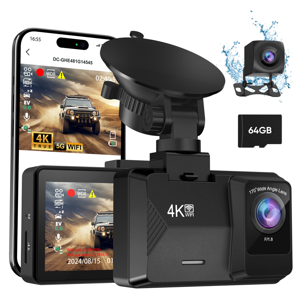 ORSKEY Dash Cam Front and Rear Built-in 5GHz WiFi, 4K+1080P Dual Dash Camera for Cars with 64GB SD Card, 2.0" Display Dashcam, 24H Parking Mode, App Control, Super Night Vision, Support Max 256GB
