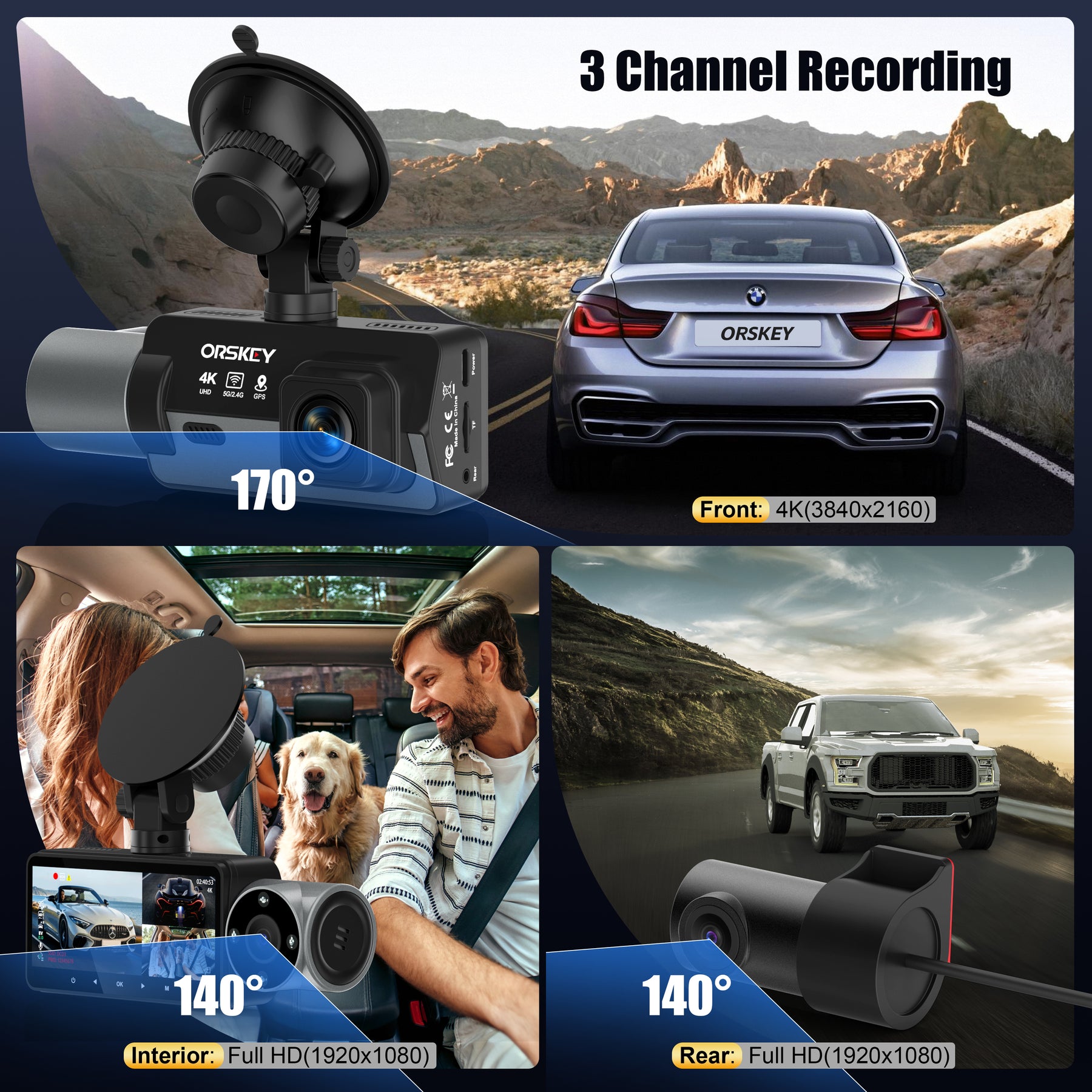 ORSKEY 4K Dash Cam Front and Rear Inside 5G WiFi, 64GB Card, 4K+1080P Dashcam Built-in GPS, 3 Channel Dash Camera for Cars, 3.16"IPS Display, Night Vision, APP Control,24H Parking Mode,Max 256GB